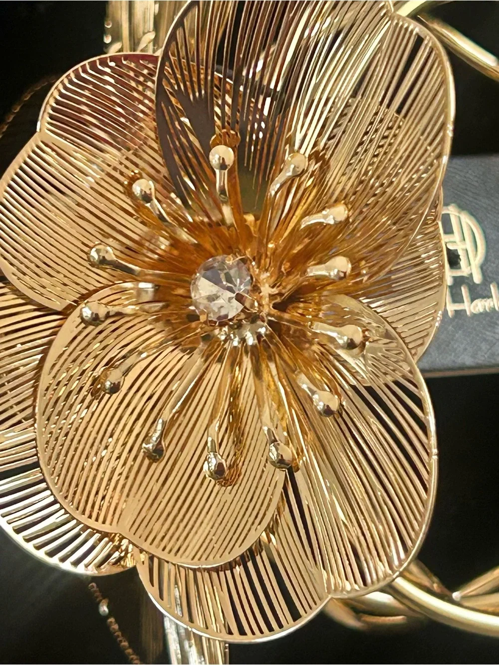 House of Harlow 1960 Gold Tone 3 Flower Cuff Bracelet with Crystals NWT